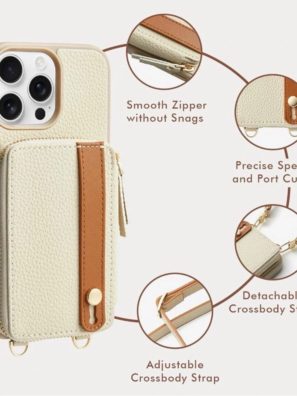 iPhone 15 Pro Crossbody Phone Purse Wallet Case Card Holder Zipper Beige